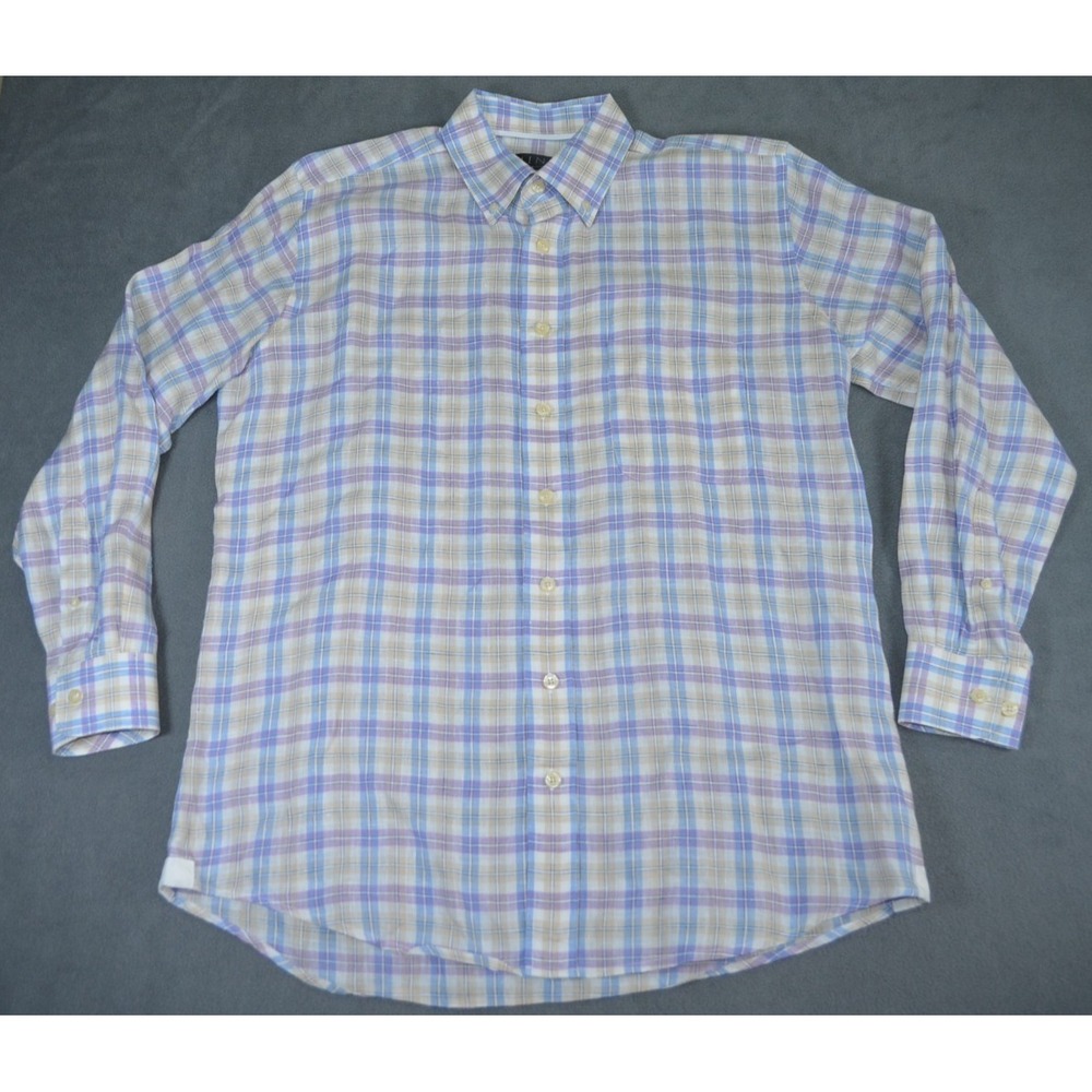 Mine London Milan New York Men's 100% Linen Button Down Shirt Plaid Large L